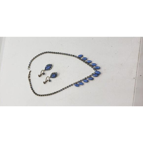 Vintage Blue Necklace Choker Earrings Set Givre Glass Moonstone Rhinestone 1950s - Picture 6 of 12